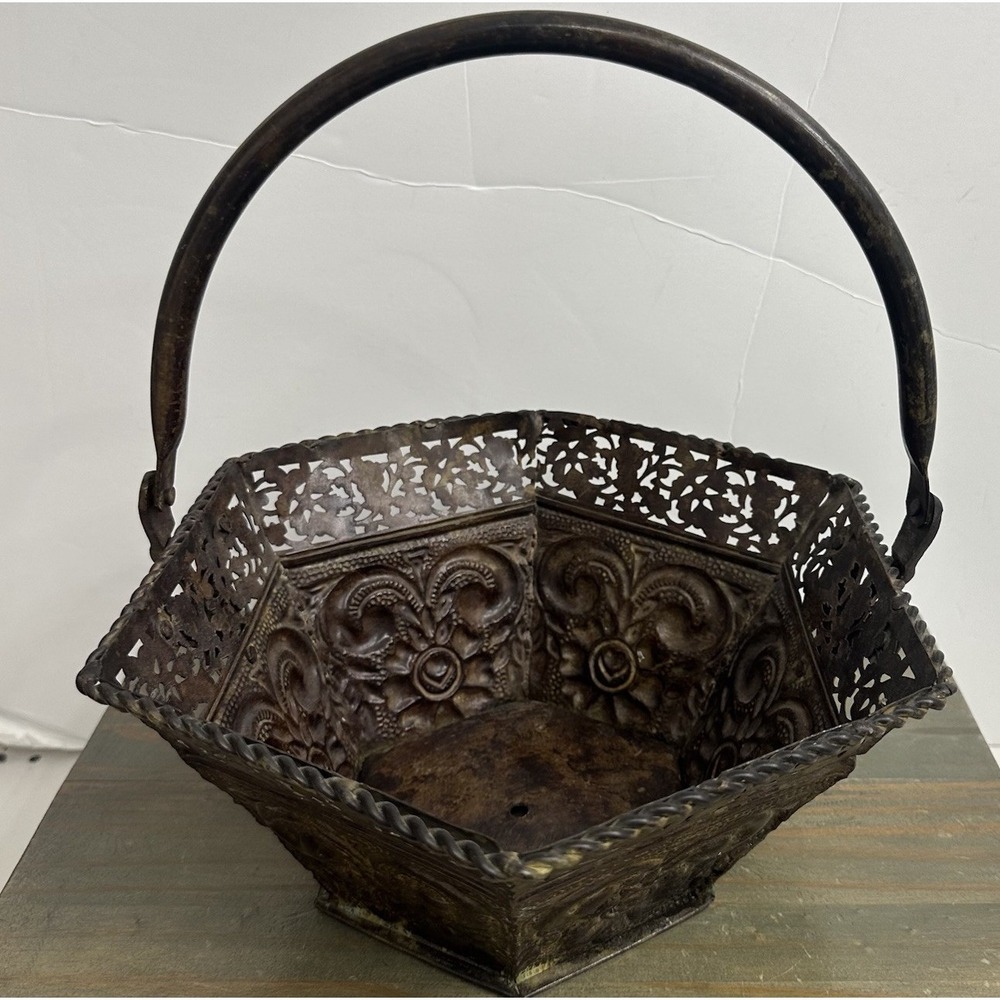 Vintage Antiqued‎ Bronze Tone Metal Basket Ornate Swing Handle Fruit Wedding 10"
